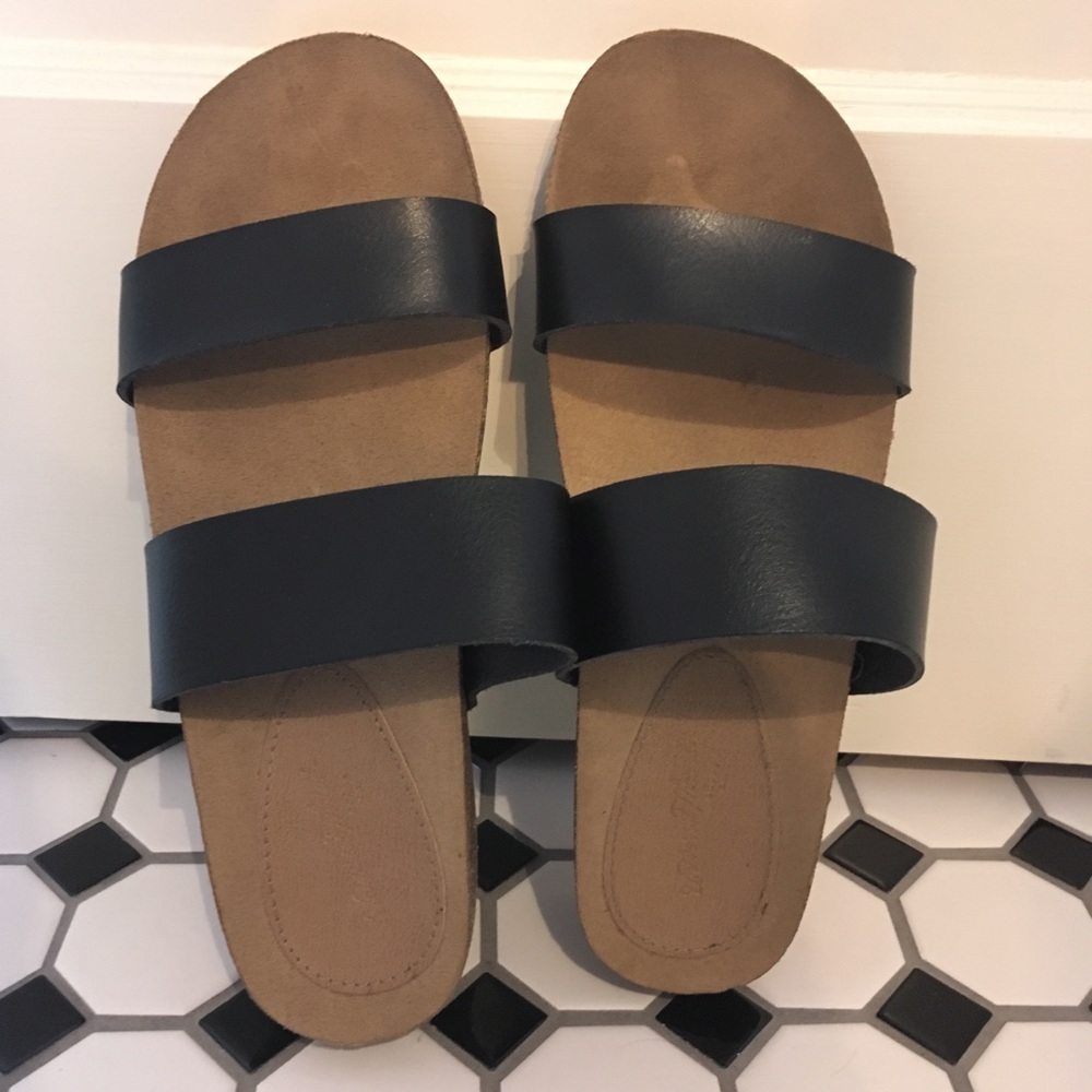 Black faux leather sandals